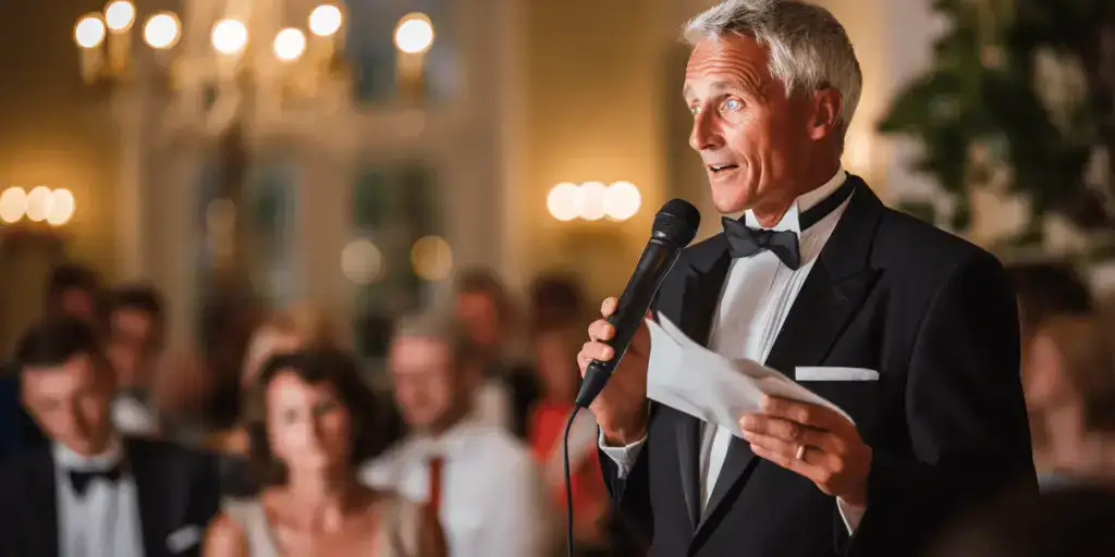 Toastmaster holder tale iført smoking med selskab i baggrunden