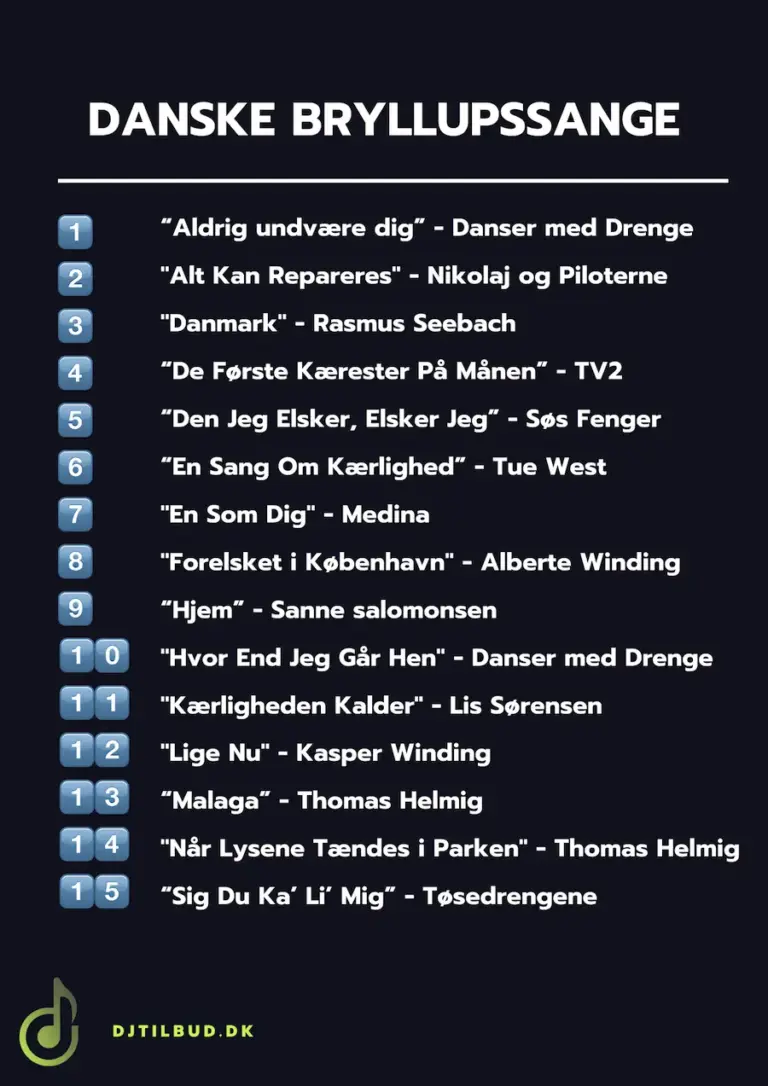 Liste over 15 danske bryllupssange