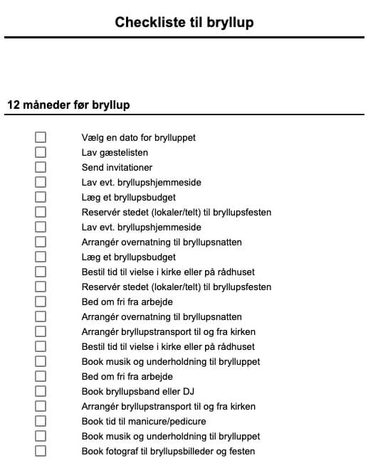 Checkliste til bryllup i PDF